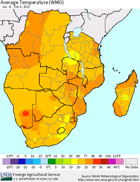 Southern Africa Average Temperature (WMO) Thematic Map For 1/31/2022 - 2/6/2022