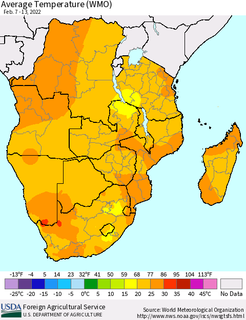 Southern Africa Average Temperature (WMO) Thematic Map For 2/7/2022 - 2/13/2022