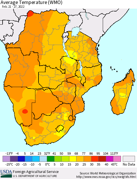 Southern Africa Average Temperature (WMO) Thematic Map For 2/21/2022 - 2/27/2022