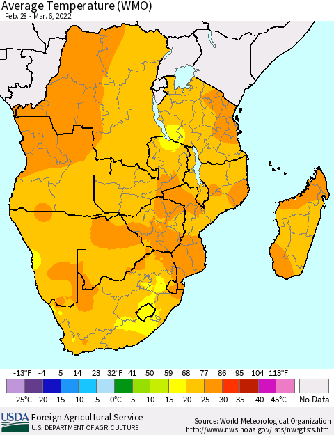 Southern Africa Average Temperature (WMO) Thematic Map For 2/28/2022 - 3/6/2022