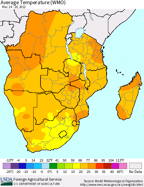 Southern Africa Average Temperature (WMO) Thematic Map For 3/14/2022 - 3/20/2022