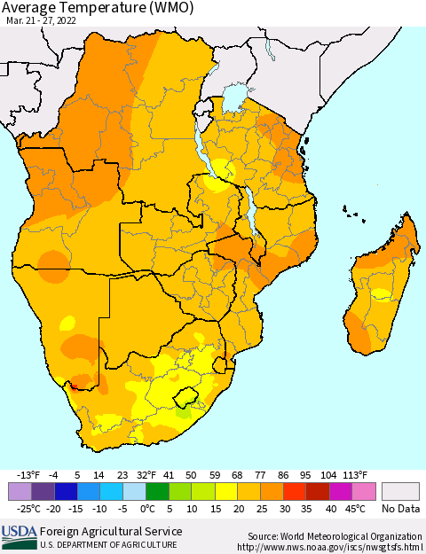 Southern Africa Average Temperature (WMO) Thematic Map For 3/21/2022 - 3/27/2022
