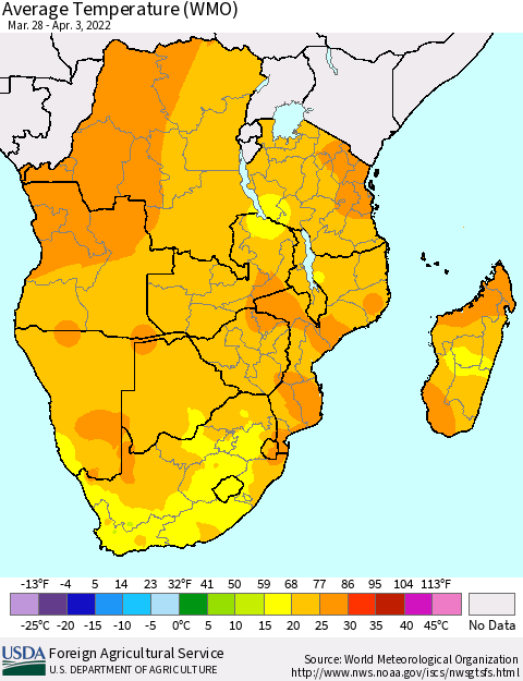 Southern Africa Average Temperature (WMO) Thematic Map For 3/28/2022 - 4/3/2022