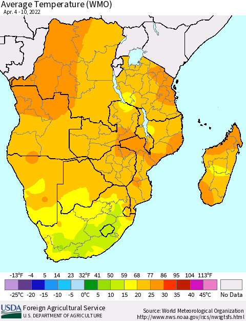 Southern Africa Average Temperature (WMO) Thematic Map For 4/4/2022 - 4/10/2022
