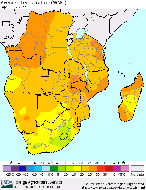 Southern Africa Average Temperature (WMO) Thematic Map For 4/11/2022 - 4/17/2022