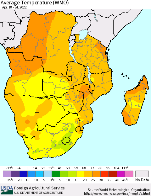 Southern Africa Average Temperature (WMO) Thematic Map For 4/18/2022 - 4/24/2022