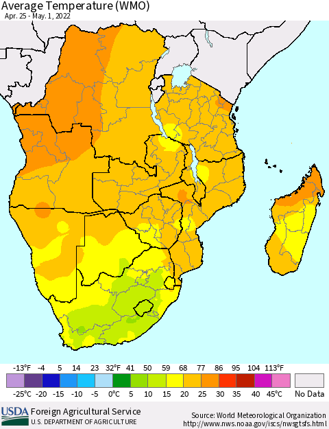 Southern Africa Average Temperature (WMO) Thematic Map For 4/25/2022 - 5/1/2022