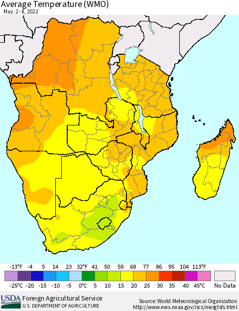 Southern Africa Average Temperature (WMO) Thematic Map For 5/2/2022 - 5/8/2022