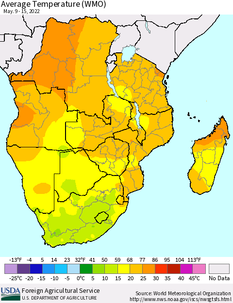 Southern Africa Average Temperature (WMO) Thematic Map For 5/9/2022 - 5/15/2022