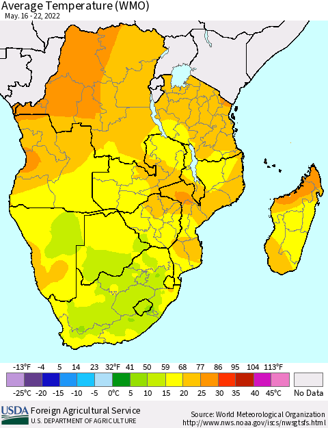 Southern Africa Average Temperature (WMO) Thematic Map For 5/16/2022 - 5/22/2022