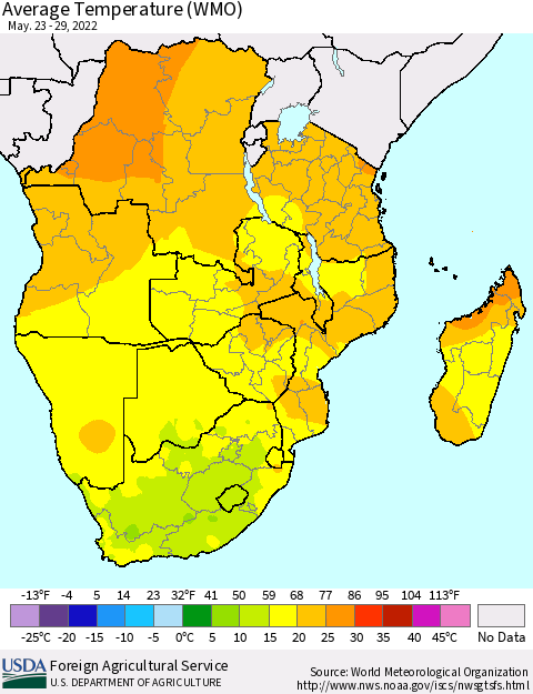 Southern Africa Average Temperature (WMO) Thematic Map For 5/23/2022 - 5/29/2022