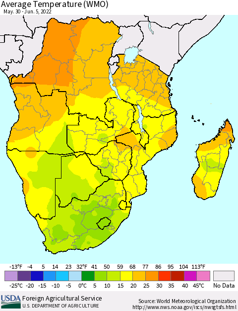 Southern Africa Average Temperature (WMO) Thematic Map For 5/30/2022 - 6/5/2022