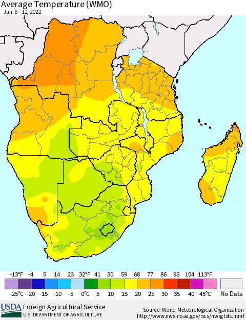 Southern Africa Average Temperature (WMO) Thematic Map For 6/6/2022 - 6/12/2022