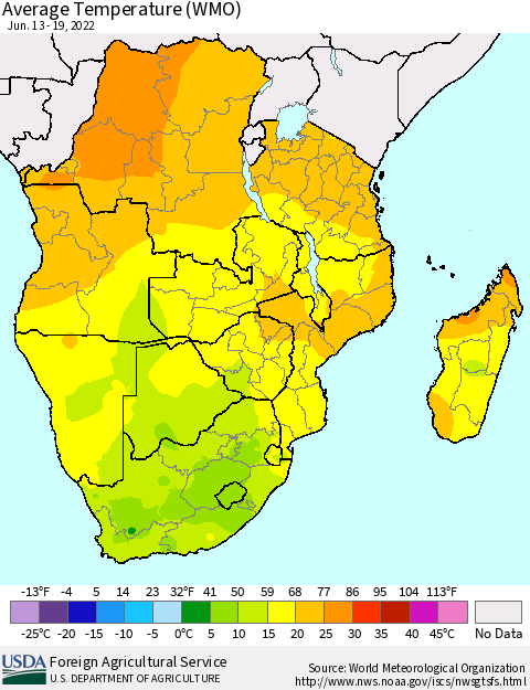 Southern Africa Average Temperature (WMO) Thematic Map For 6/13/2022 - 6/19/2022