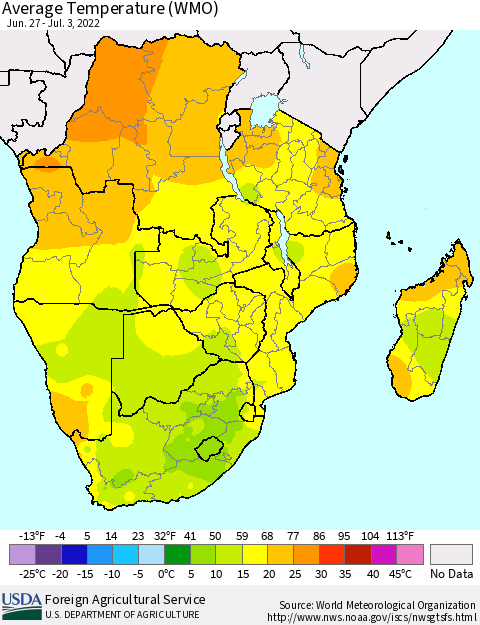 Southern Africa Average Temperature (WMO) Thematic Map For 6/27/2022 - 7/3/2022