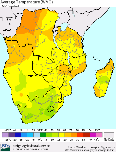 Southern Africa Average Temperature (WMO) Thematic Map For 7/4/2022 - 7/10/2022