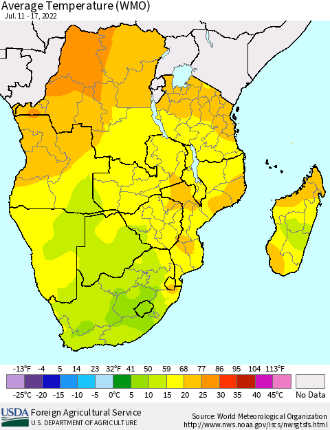 Southern Africa Average Temperature (WMO) Thematic Map For 7/11/2022 - 7/17/2022
