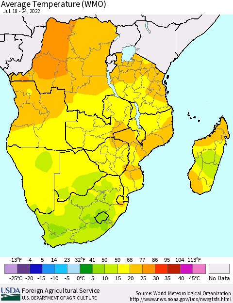 Southern Africa Average Temperature (WMO) Thematic Map For 7/18/2022 - 7/24/2022
