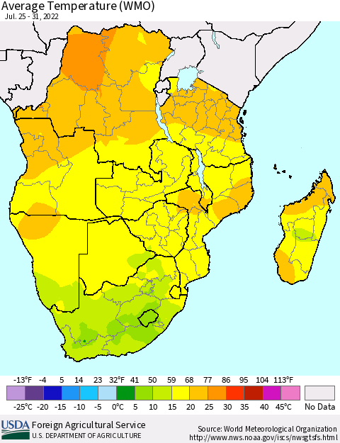 Southern Africa Average Temperature (WMO) Thematic Map For 7/25/2022 - 7/31/2022
