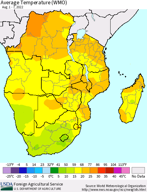 Southern Africa Average Temperature (WMO) Thematic Map For 8/1/2022 - 8/7/2022