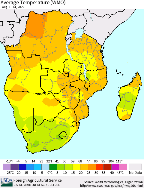 Southern Africa Average Temperature (WMO) Thematic Map For 8/8/2022 - 8/14/2022