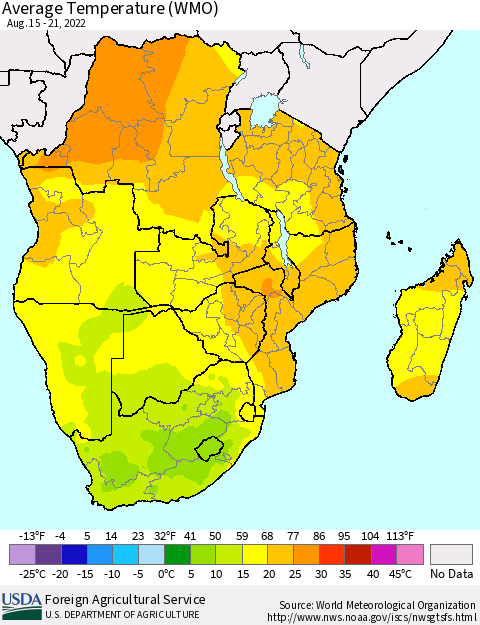 Southern Africa Average Temperature (WMO) Thematic Map For 8/15/2022 - 8/21/2022