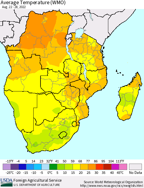Southern Africa Average Temperature (WMO) Thematic Map For 8/22/2022 - 8/28/2022