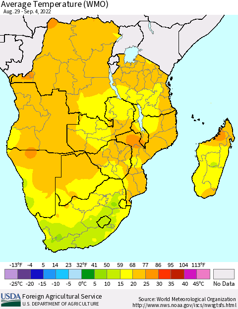 Southern Africa Average Temperature (WMO) Thematic Map For 8/29/2022 - 9/4/2022