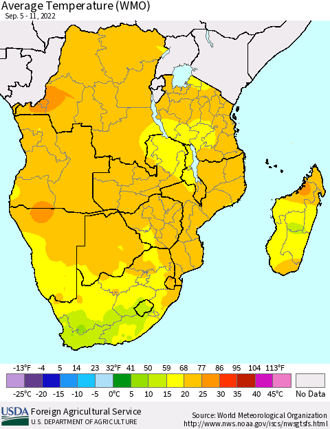 Southern Africa Average Temperature (WMO) Thematic Map For 9/5/2022 - 9/11/2022