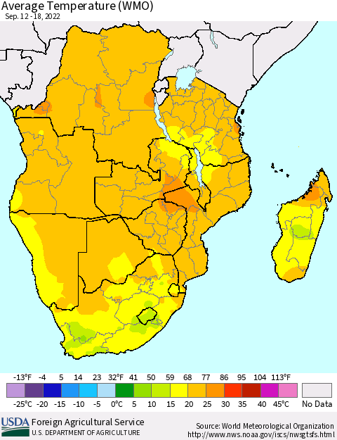 Southern Africa Average Temperature (WMO) Thematic Map For 9/12/2022 - 9/18/2022