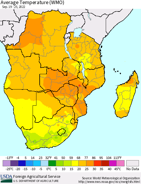 Southern Africa Average Temperature (WMO) Thematic Map For 9/19/2022 - 9/25/2022