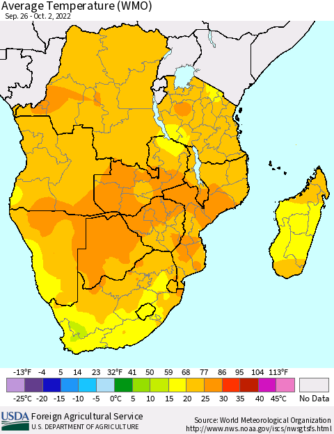 Southern Africa Average Temperature (WMO) Thematic Map For 9/26/2022 - 10/2/2022