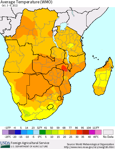 Southern Africa Average Temperature (WMO) Thematic Map For 10/3/2022 - 10/9/2022