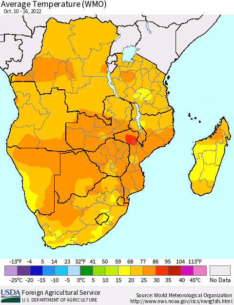 Southern Africa Average Temperature (WMO) Thematic Map For 10/10/2022 - 10/16/2022