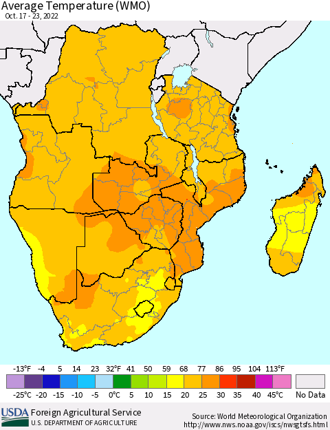 Southern Africa Average Temperature (WMO) Thematic Map For 10/17/2022 - 10/23/2022