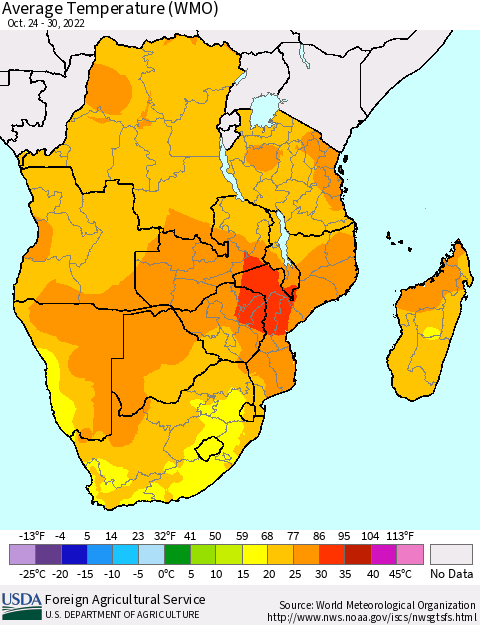 Southern Africa Average Temperature (WMO) Thematic Map For 10/24/2022 - 10/30/2022