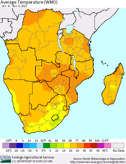 Southern Africa Average Temperature (WMO) Thematic Map For 10/31/2022 - 11/6/2022
