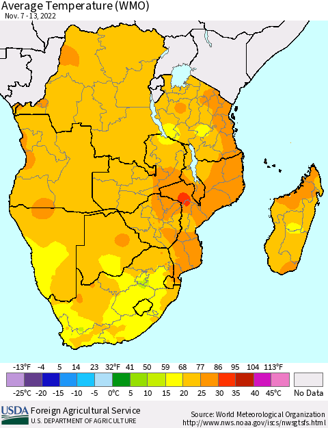 Southern Africa Average Temperature (WMO) Thematic Map For 11/7/2022 - 11/13/2022