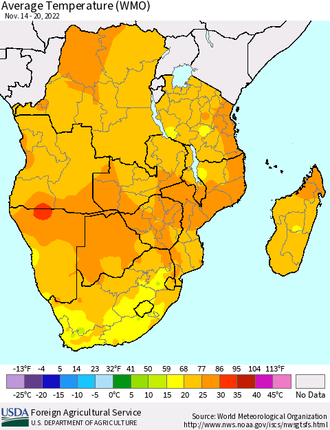 Southern Africa Average Temperature (WMO) Thematic Map For 11/14/2022 - 11/20/2022