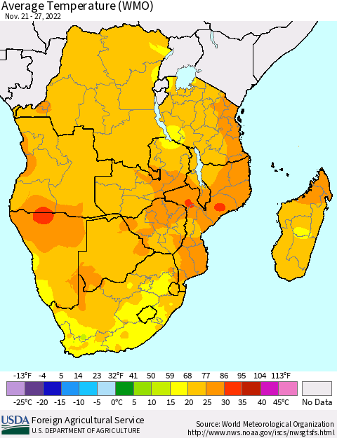Southern Africa Average Temperature (WMO) Thematic Map For 11/21/2022 - 11/27/2022