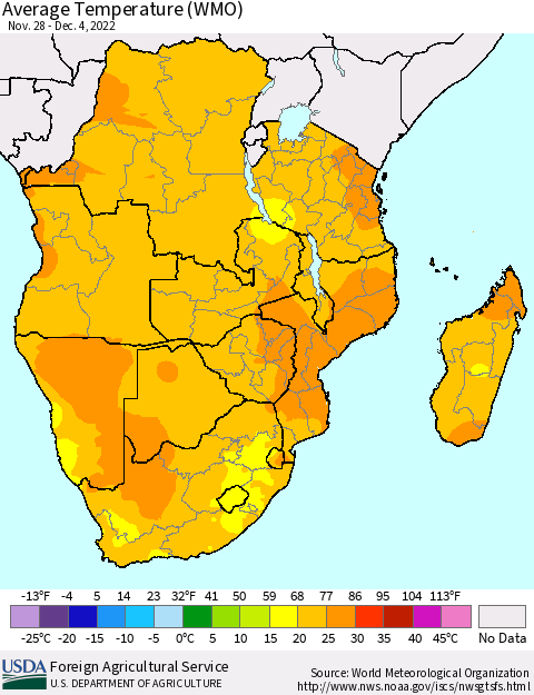 Southern Africa Average Temperature (WMO) Thematic Map For 11/28/2022 - 12/4/2022