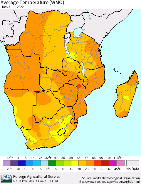 Southern Africa Average Temperature (WMO) Thematic Map For 12/5/2022 - 12/11/2022