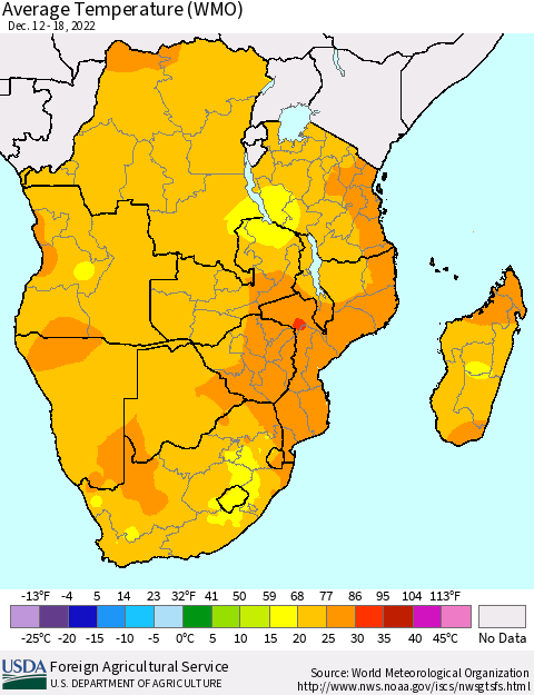 Southern Africa Average Temperature (WMO) Thematic Map For 12/12/2022 - 12/18/2022