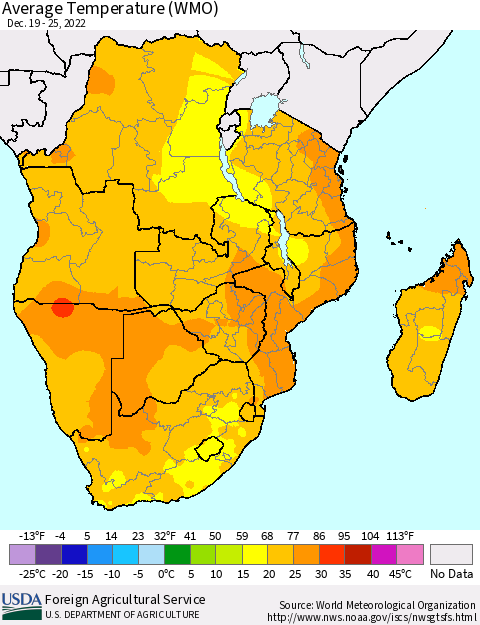 Southern Africa Average Temperature (WMO) Thematic Map For 12/19/2022 - 12/25/2022