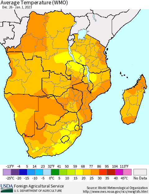 Southern Africa Average Temperature (WMO) Thematic Map For 12/26/2022 - 1/1/2023