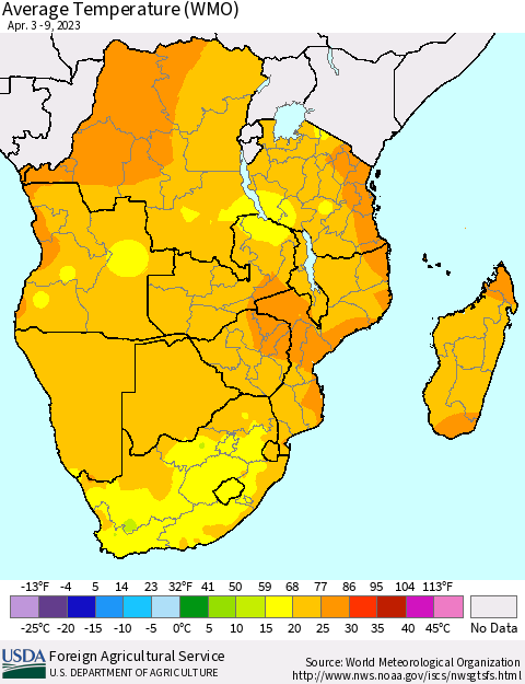 Southern Africa Average Temperature (WMO) Thematic Map For 4/3/2023 - 4/9/2023
