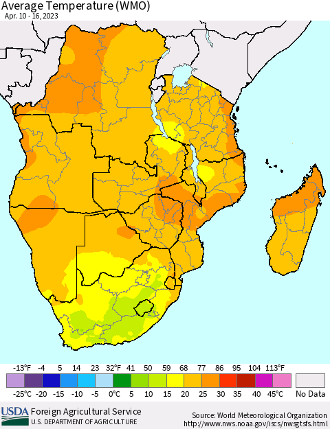 Southern Africa Average Temperature (WMO) Thematic Map For 4/10/2023 - 4/16/2023