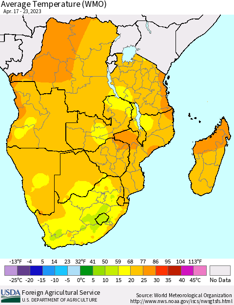 Southern Africa Average Temperature (WMO) Thematic Map For 4/17/2023 - 4/23/2023