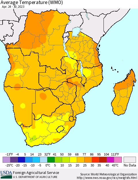 Southern Africa Average Temperature (WMO) Thematic Map For 4/24/2023 - 4/30/2023