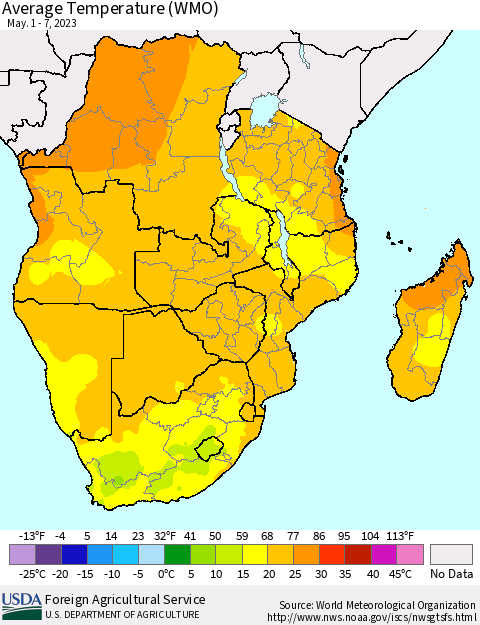 Southern Africa Average Temperature (WMO) Thematic Map For 5/1/2023 - 5/7/2023